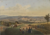 Barevná litografie s pohledem na Olomouc z Tabulového vrchu. (Malerisch-historisches Album von Mähren und Schlesien. Olmütz: Eduard Hölzel Buch-und Kunsthändler, [1857–1860].